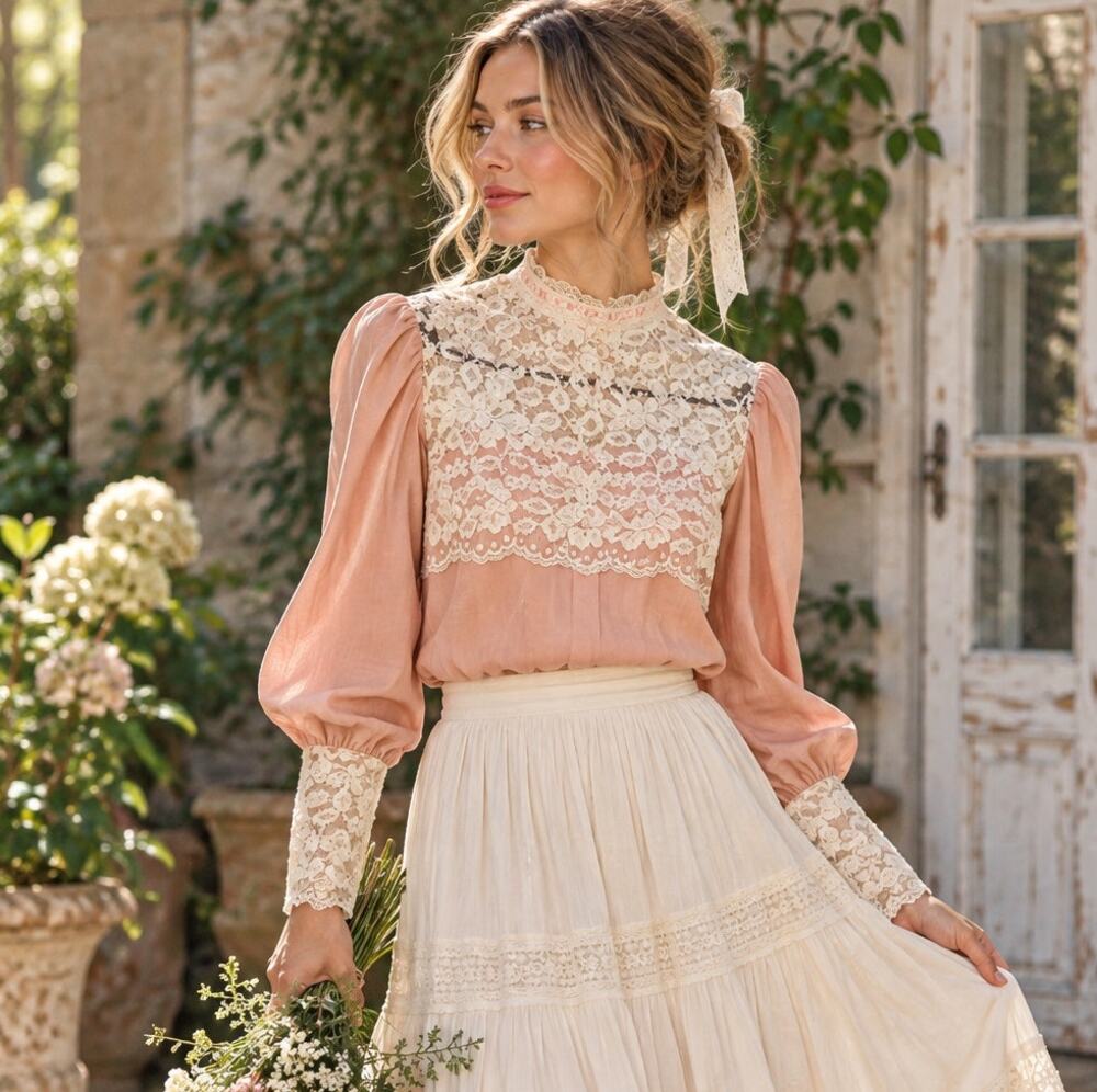 Vintage Handmade Peach Ivory Lace Cottagecore Blouse Size Medium